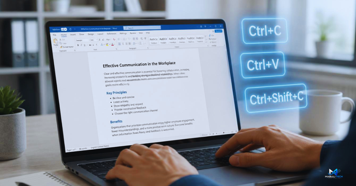 Profissional digitando em notebook com uma lista de atalhos do Word para produtividade na tela.