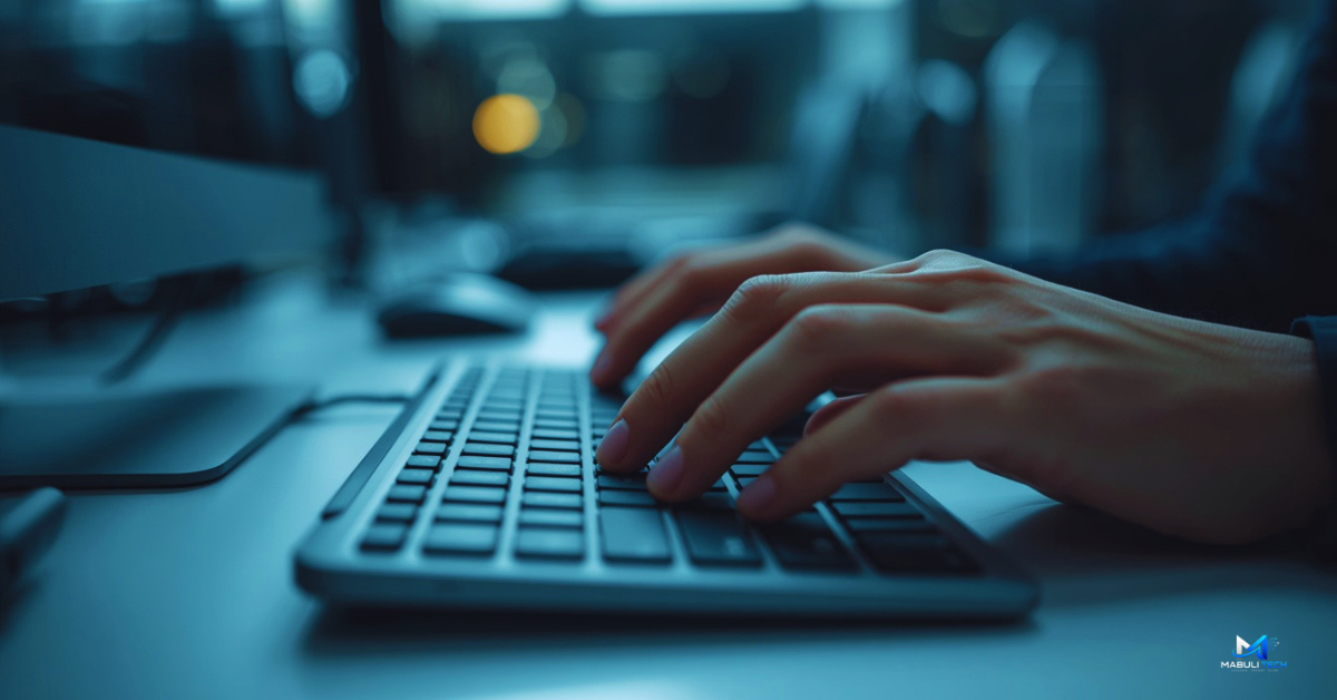 Pessoa praticando dicas de digitação rápida em um teclado mecânico iluminado com postura correta