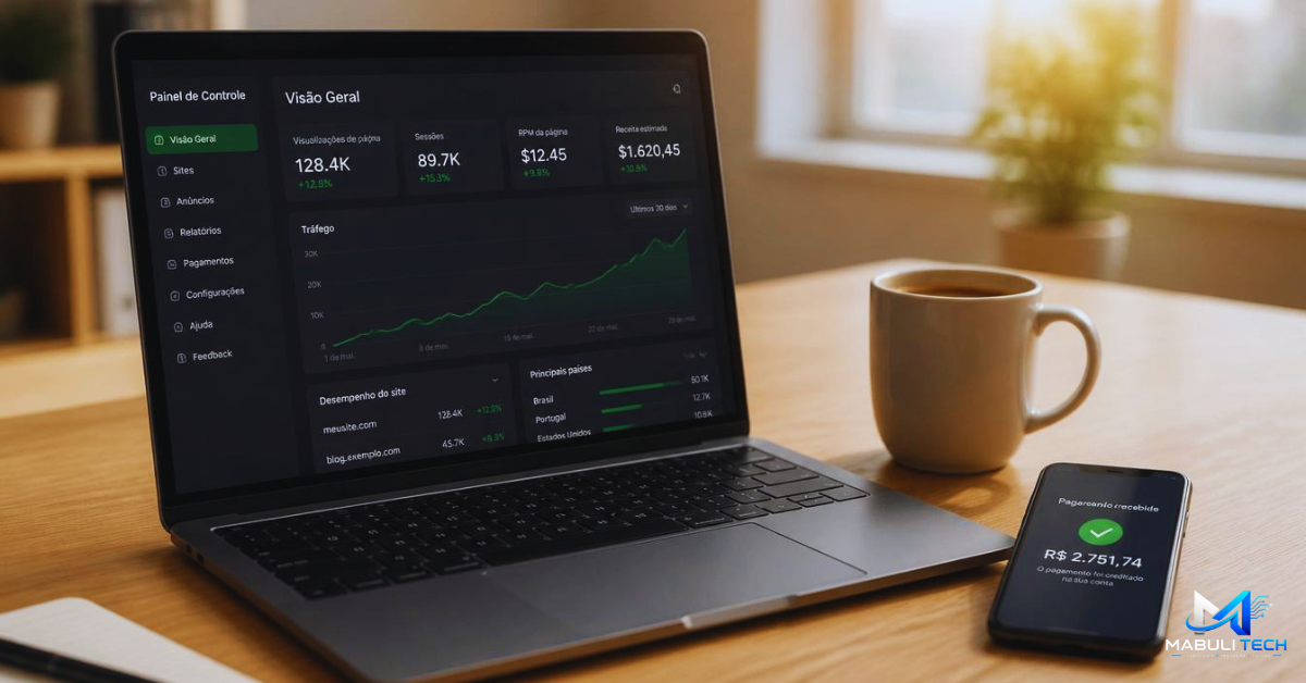 Profissional em escritório doméstico analisando gráficos de monetização no notebook para ganhar renda extra pela internet em 2026.