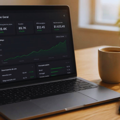 Profissional em escritório doméstico analisando gráficos de monetização no notebook para ganhar renda extra pela internet em 2026.