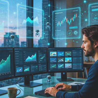 Pessoa trabalhando no computador e aprendendo como ganhar dinheiro com inteligência artificial em 2026.